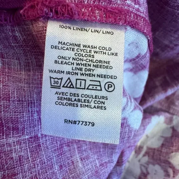 Ann Taylor Floral Linen Framed Popover Short Rolled Sleeve Pink Magenta Large - Picture 6 of 6